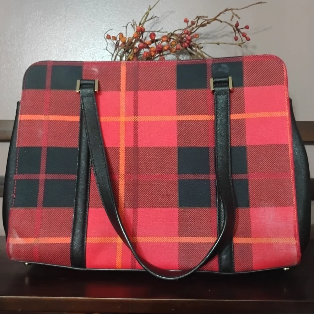 Kate Spade New York Newbury Lane Tote Red & Black Plaid & Saffiano Leather Trim